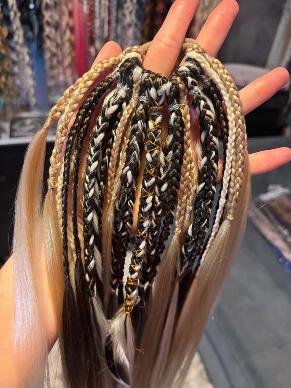 Blonde and Dark Brown Braided Hair Extensions with Feather Accent